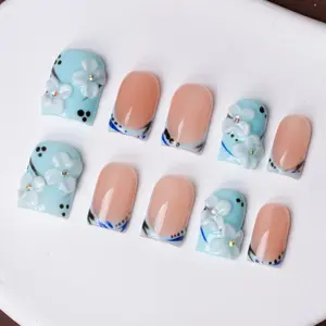 Handmade Short Square Press on Nails, Nude Baby Blue French Tip, 3D Flower Rhinestone Dot Decor, Reusable Manicure Set, Gift for Women