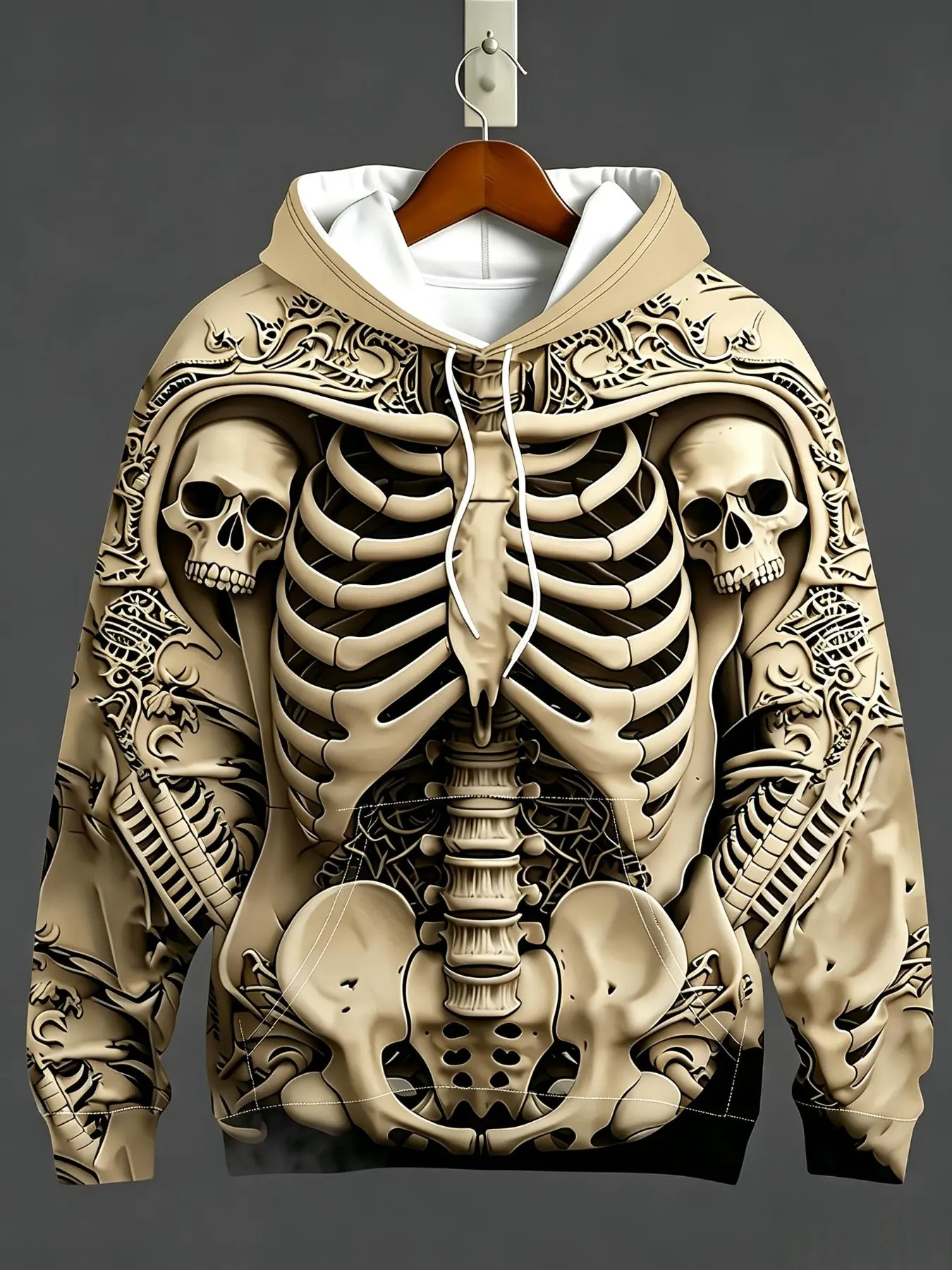 Halloween New 3D Men's Skeleton Hoodie, Realistic Bone Print, Skull & Viking Totem Decor, Dark Core Style, Casual Loose Fit