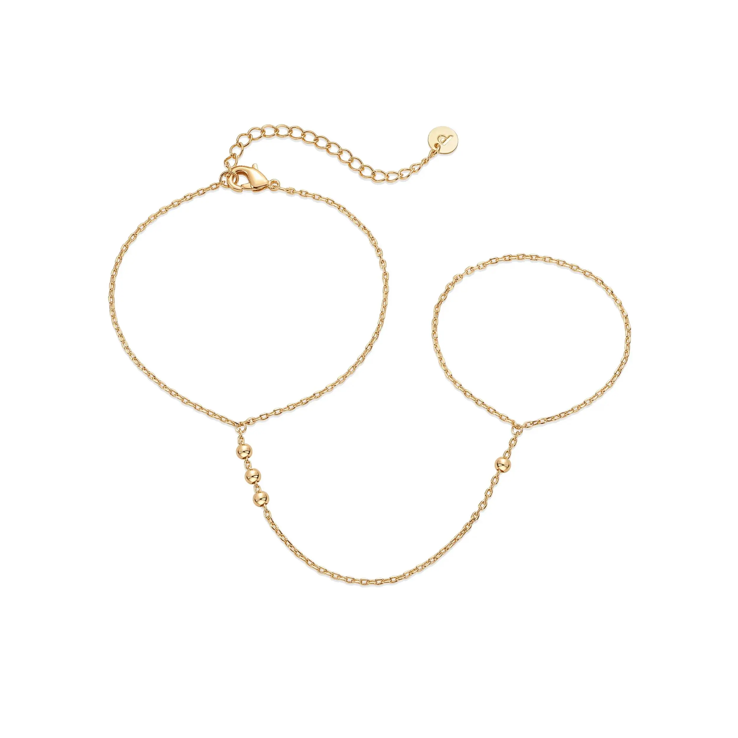 Women's 14 Karat Gold Plated Hand Chain Set - Dainty Cubic Zirconia Bracelet & Ring Handchain Jewelry, Lightweight Trendy Elegant Minimalist Adjustable Cuff, High-Quality Artificial Gemstones Everyday Jewelry with Adjustment Tool