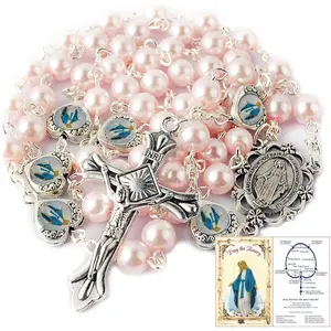 Glass Pearl Beads with Miraculous Epoxy Heart Metal Beads Rosary Necklace pack in Velvet Gift Bag with Rosary Pray Card