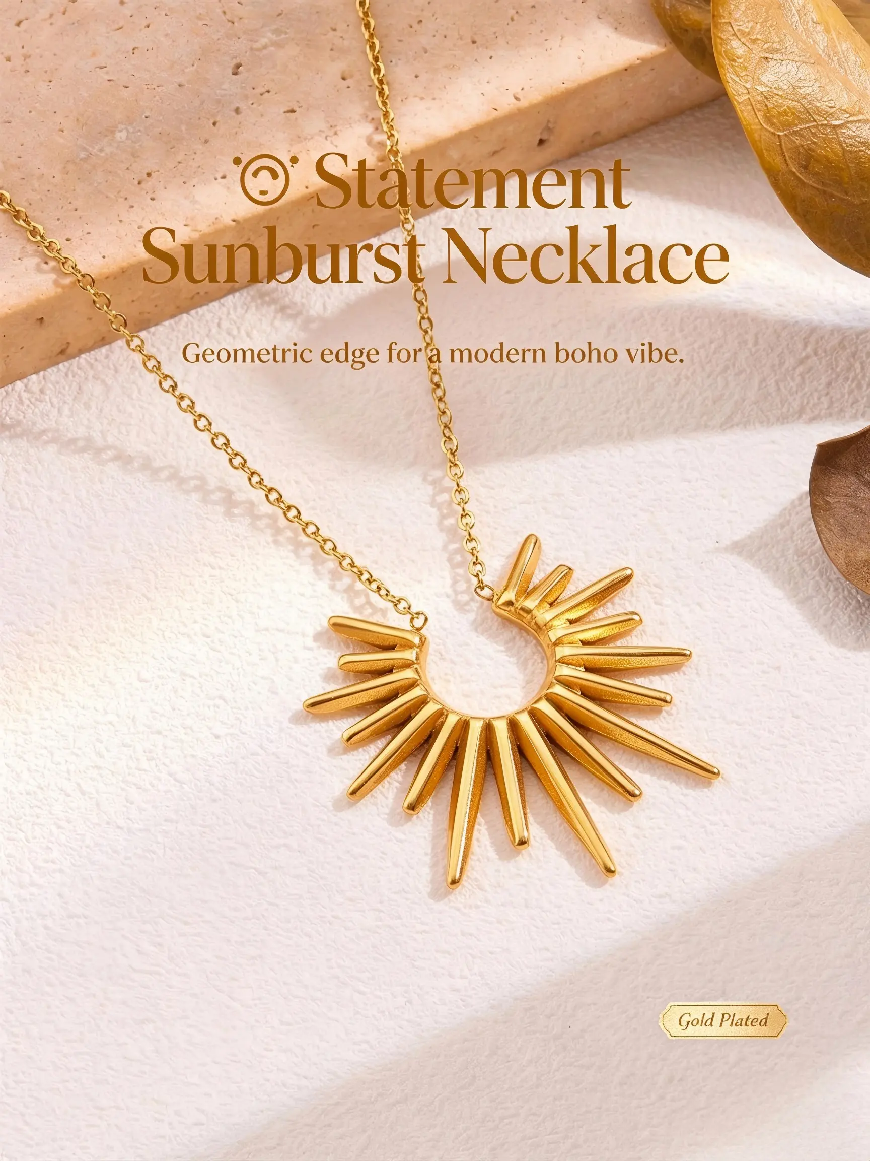 14k Sunburst Pendant Necklace for Women, Minimalist Half Sun Radiant Spike Chain, Bohemian Hollow Sun Jewelry Gift