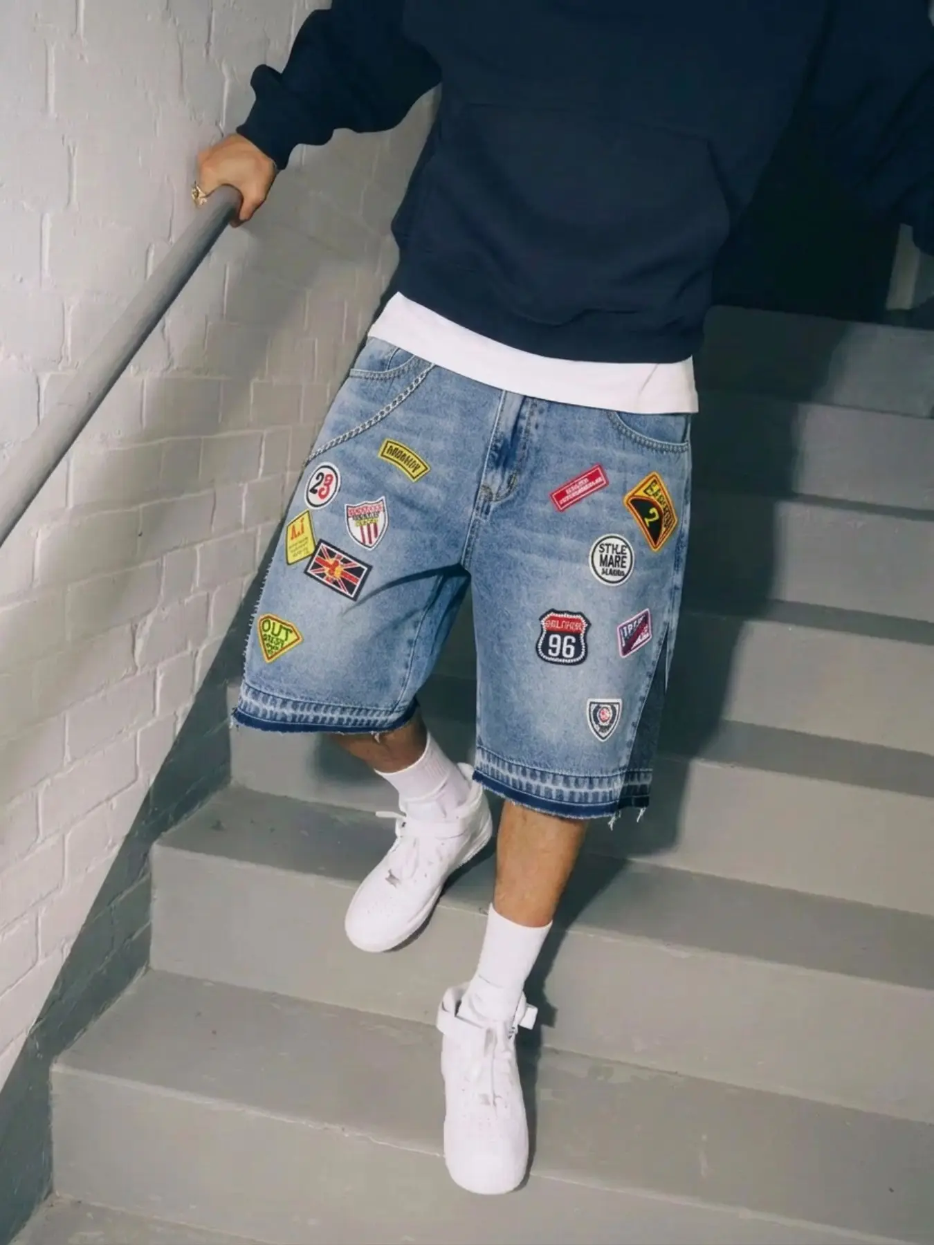 American Vintage Multi-Patch Denim Shorts, Unisex Light Blue Washed Colorblock Frayed Edge Loose Fit Baggy Wide Leg Straight Pants