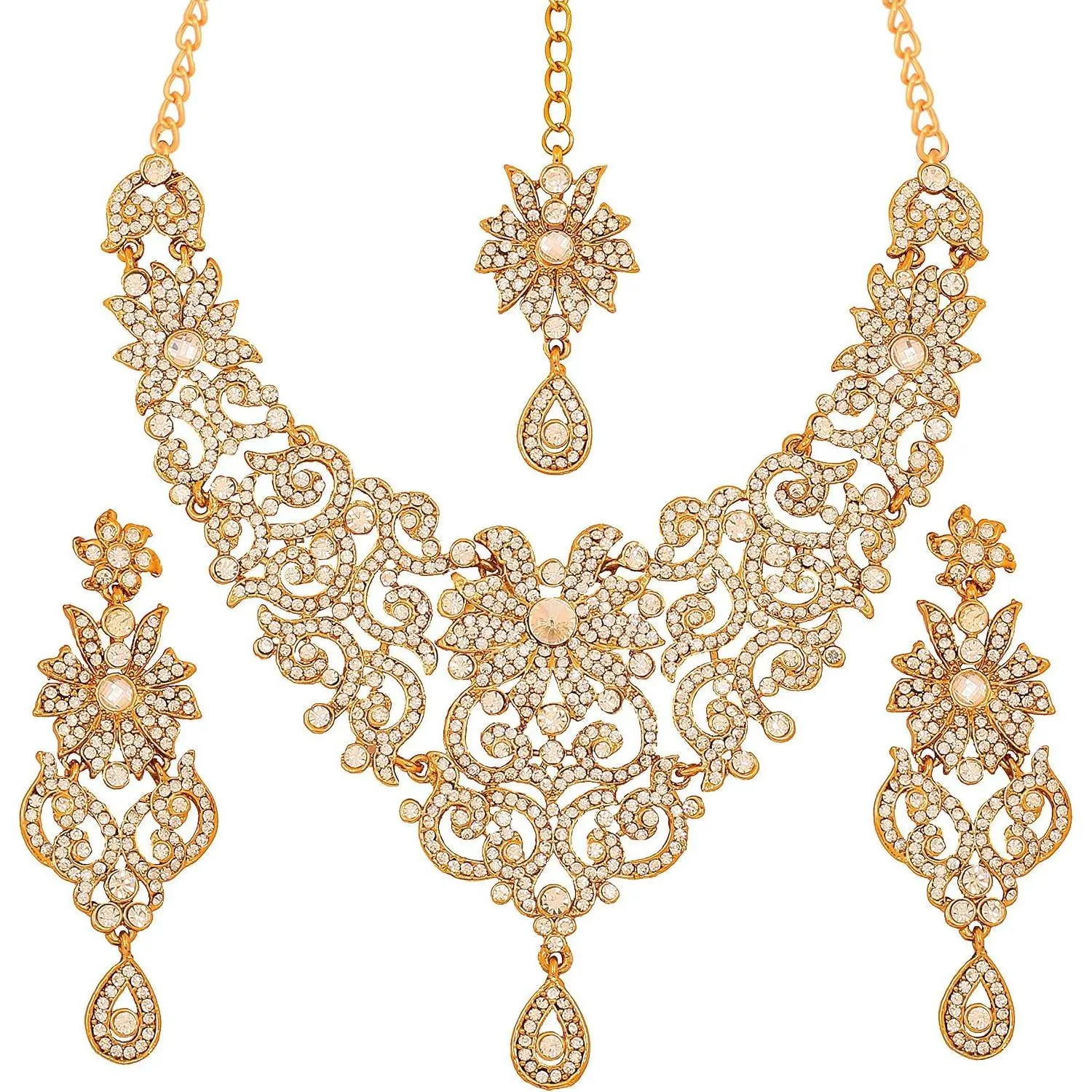 Indian  Sets for Women Bollywood Wedding Bridal Necklace desi Earrings Formal Fancy Rhinestone India Designer Jewellery Punjabi Tikka Set in Antique  or  or White Tone