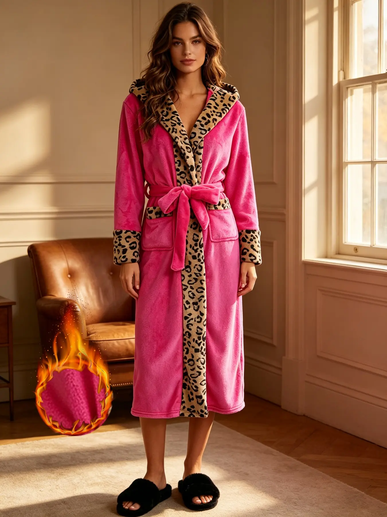 Women's Thickened Flannel Hooded Robe, Leopard Print Long Tie Bathrobe, Warm Home Morning Robe, Three Colors Available, Practical Pocket Design