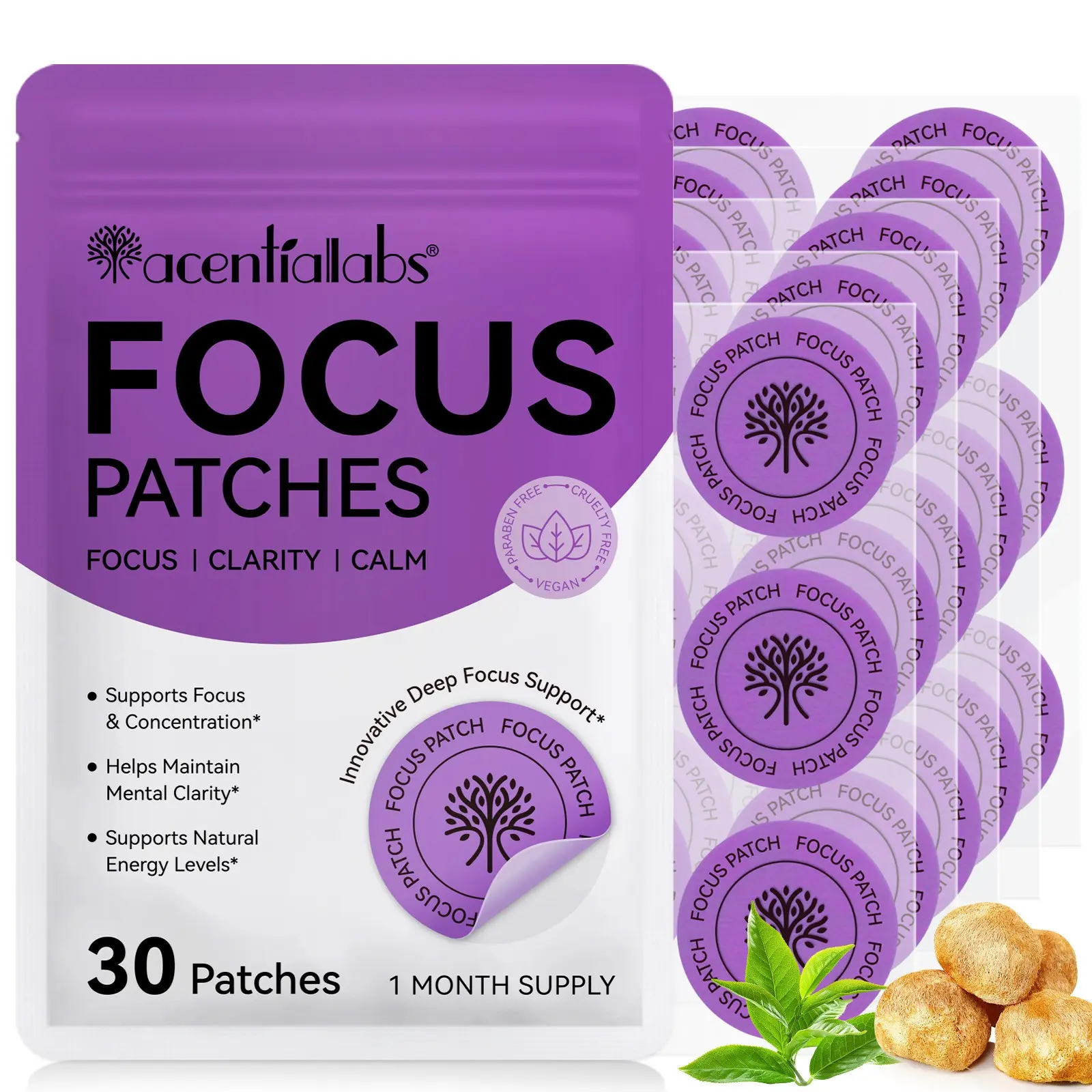 Acentiallabs Focus Patches, Innovative Deep Focus Support, Vitamin B Complex, Enhanced Focus, Enhances Concentration & Mental Clarity & Calm, Ideal for Work & Study Fatigue, Waterproof, Vegan, Lazy-Friendly Design, 30 Patches Per Bag, One Month Supply