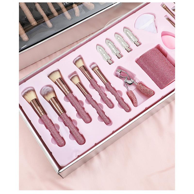 JOS 28-Piece Diamond Encrusted Makeup Brush Set for Women - Pink Glitter Brushes, Hand Bowl, Lash Tools, Full Beauty Kit for Flawless Looks, Luxurious Series, Nylon Bristles eyebrow  pluck birthday idea micro applicator brush dramatic metal curle fir get