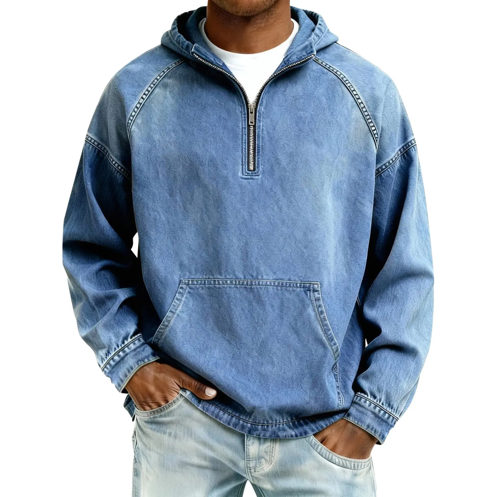 Spring Autumn Men Heavyweight Vintage Washed Denim Hoodie, Half Zip Solid Color Casual Pullover Hooded Top