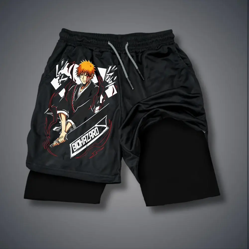 [Vtg90s] Anime 80s 90s Double-Layer Sports Shorts Graphic Shorts Black Camo Streetwear Shorts Men Outfits Men Vacation Outfits Shorts