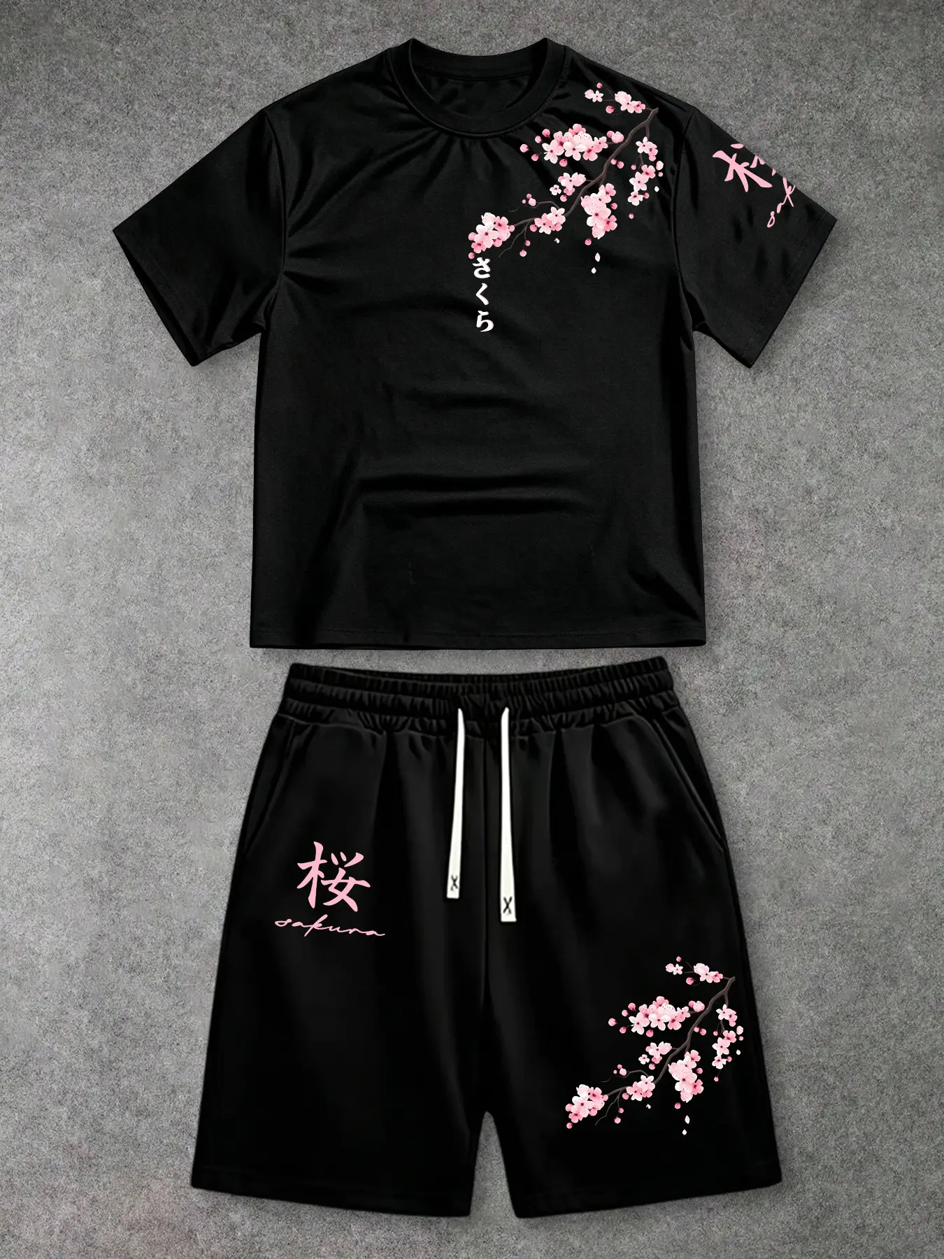 Men's Fashion Cherry Blossom T-Shirt and Shorts Set, Short Sleeve T-Shirt + Shorts, Summer Trendy Design, Japanese Pattern Clothing, Graphic Tee Set