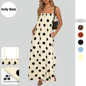 Imily Bela Womens Summer Polka Dot Maxi Dress Casual Spaghetti Strap Smocked Loose Fit Vacation Beach Dresses with Pockets