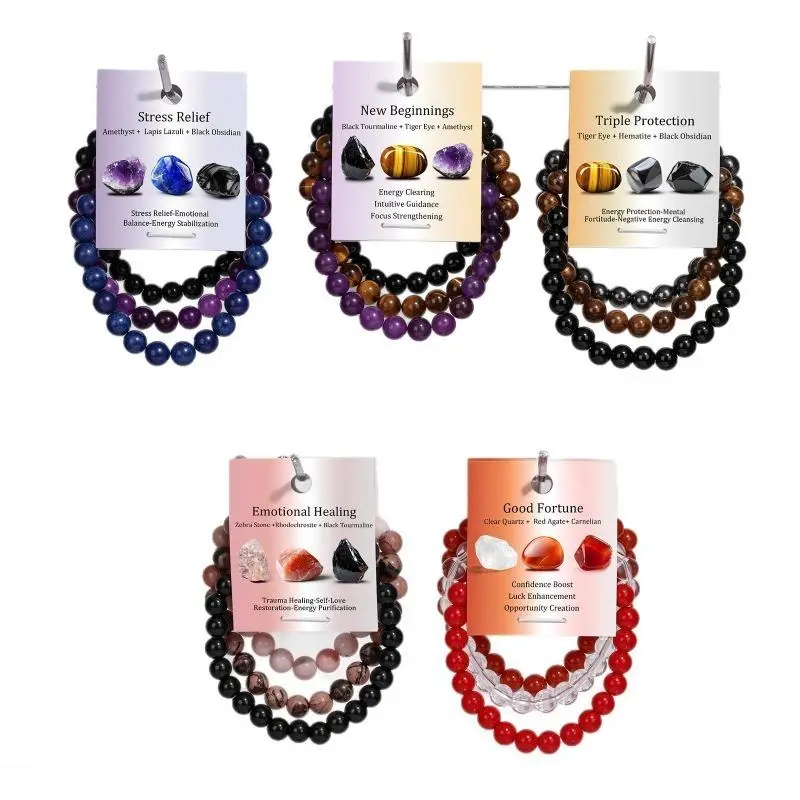 3 Pcs Natural Crystal Beaded Bracelets Set for Women Men | Amethyst Red Agate Tiger Eye Stone Stretch Bracelet | Healing Spiritual Couples Wristband Jewelry Gift