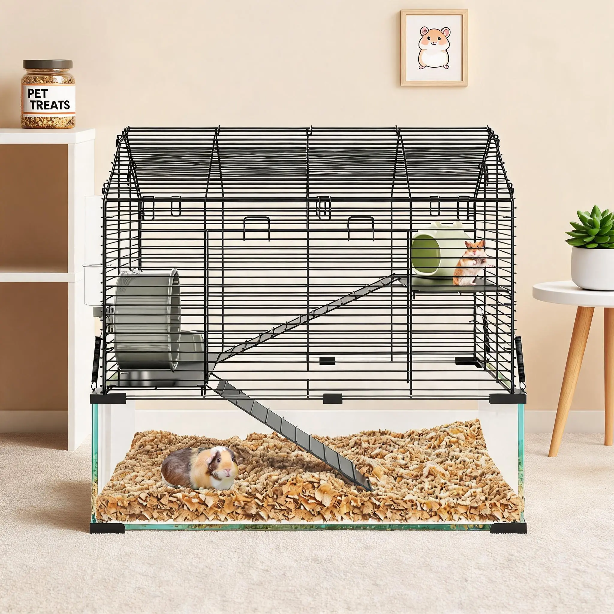 3-Tier Hamster Cage with Glass Base – 22.83" × 15" × 21.25" Small Animal Habitat for Syrian Hamsters, Gerbils & Dwarf Hamsters – Accessories Included