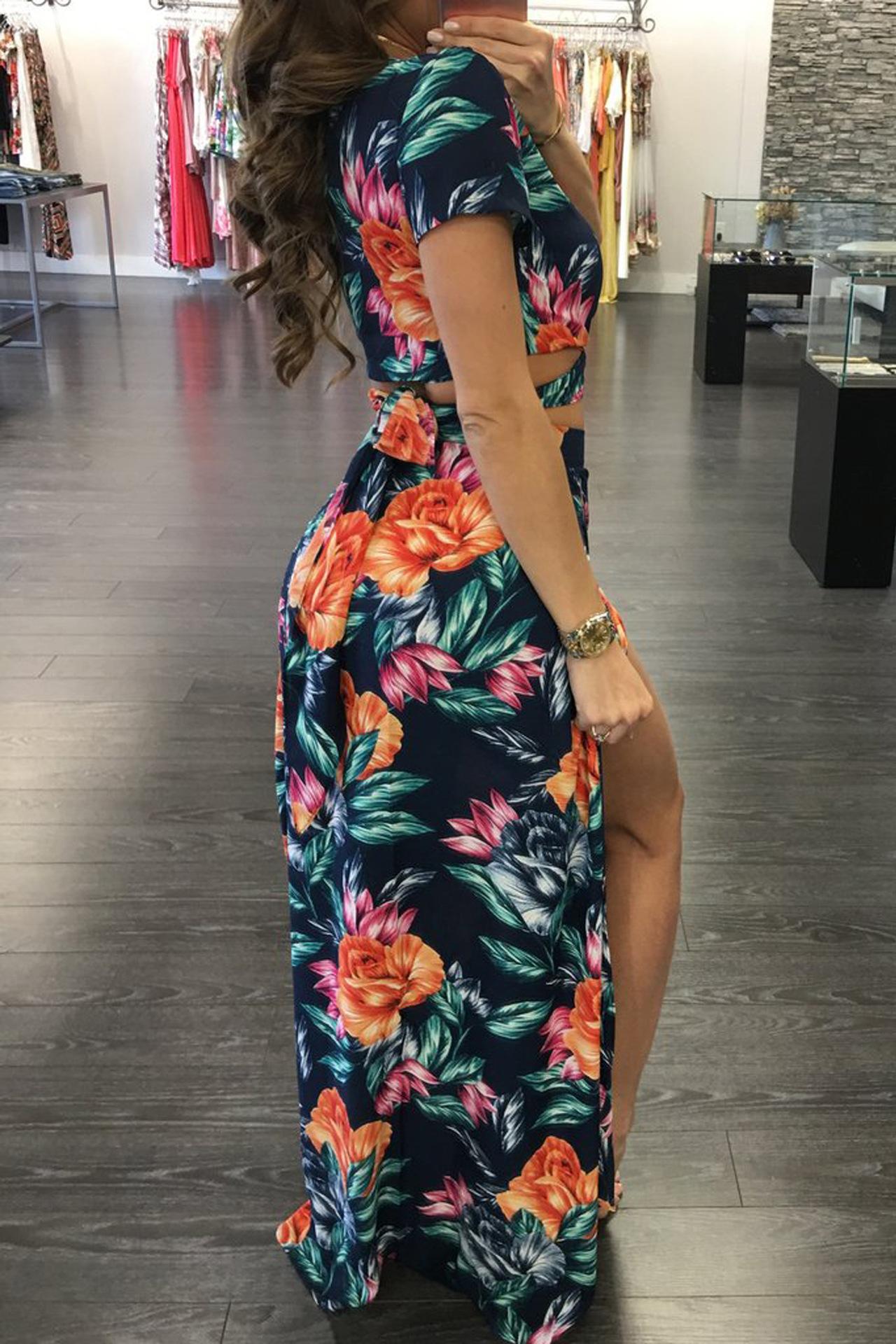 Women Floral Two Piece Maxi Dress Set Summer Vacation Outfits High Slit Long Skirt and V Neck Crop Top Sexy Beachwear Matching Set