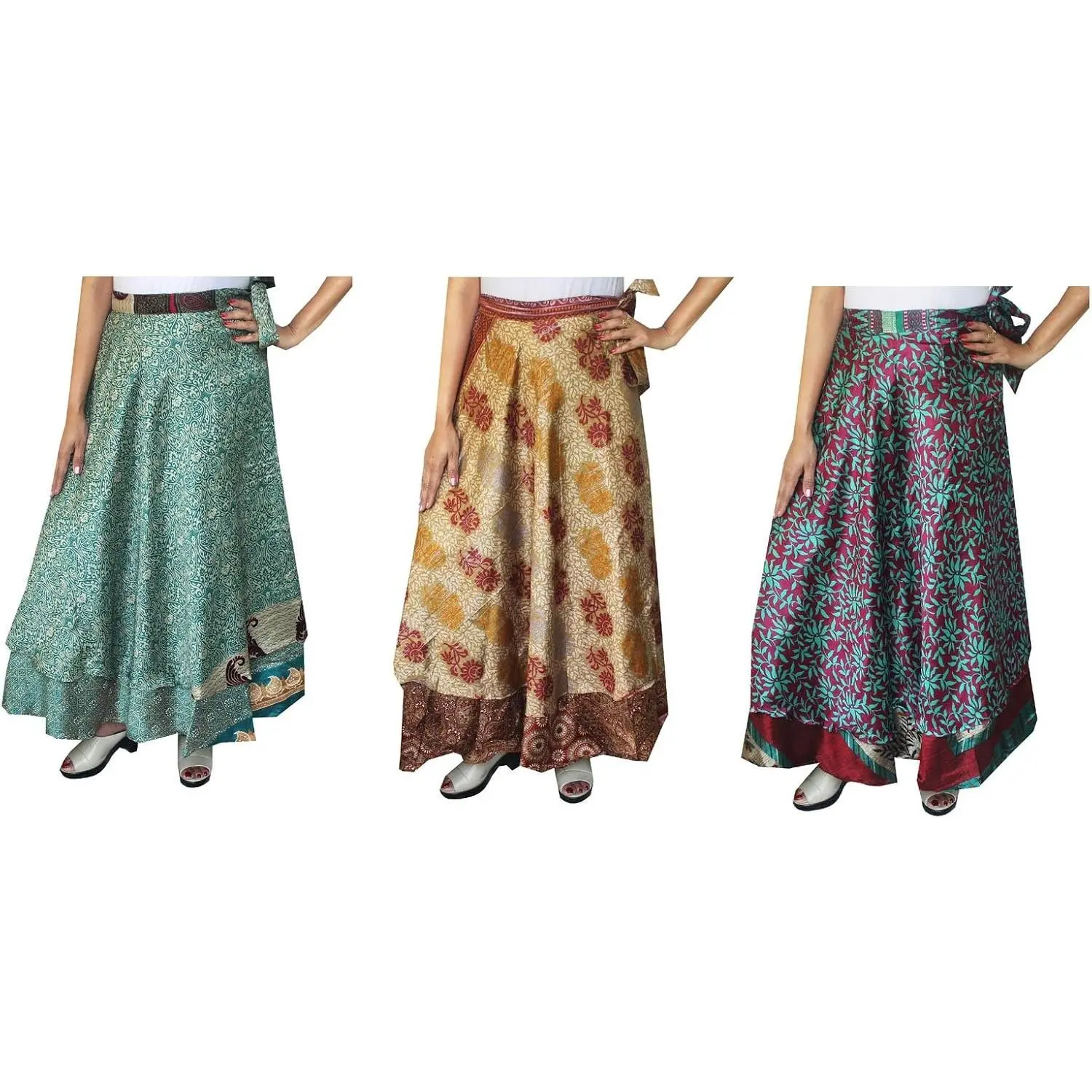 Women's Indian Vintage Silk Sari Magic Wrap Around Skirts Long Boho Two Layers Multicolored Wholesale 3 Pcs Lot