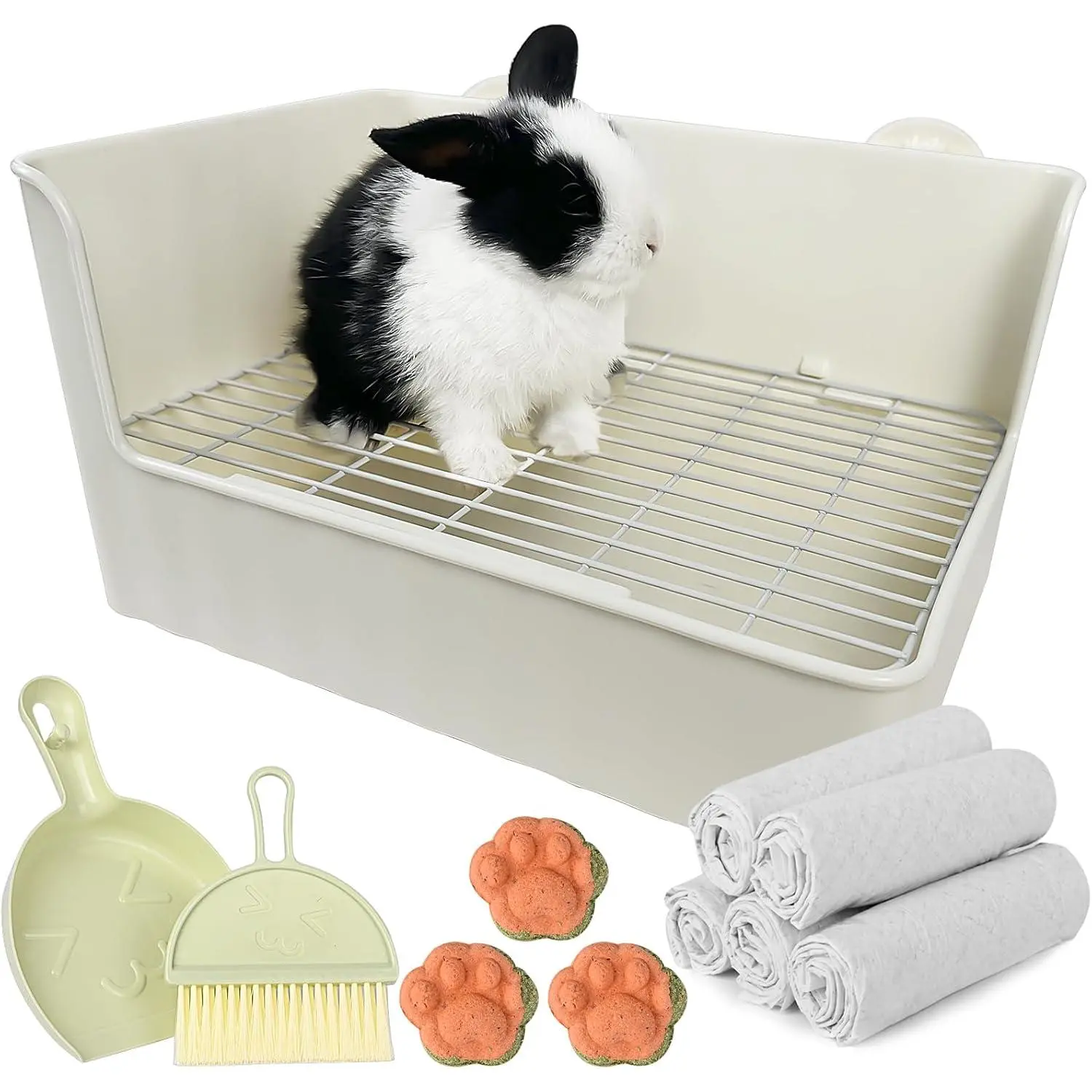 Large  Litter Box Bunny Potty  Corner Litter Pan Comes with Liners  Pee Pads, Small  Bedding Toilet for Guinea Pig, Ferret, Hamster, Bunnies (White)