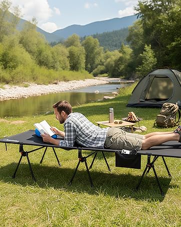 Anbte Ultralight Folding Camping Cot, Comfortable Portable Camping Cot Supports 275 lbs with Storage Bag & Side Pocket, Lightweight Folding Bed for Outdoor Travel Tent Indoor Emergency Bed, Black