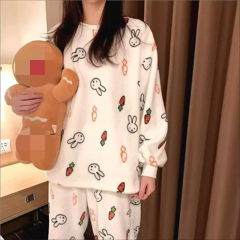 Kawaii Miffy Plush Pajamas Set Cozy Winter Long Sleeve Sleepwear Cute Cartoon Loungewear Home for Women Girls
