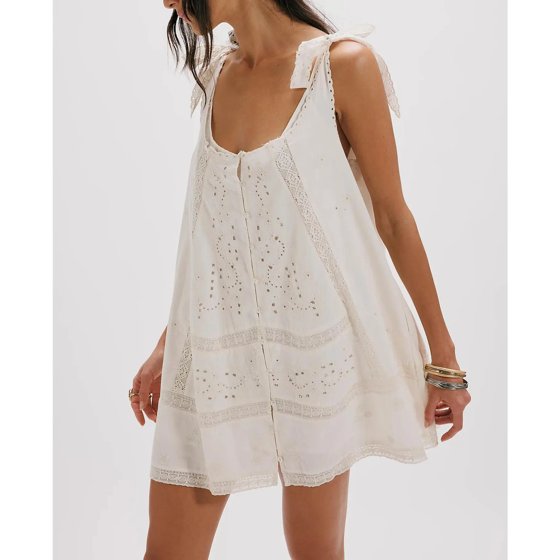 Women Boho Eyelet Lace Mini Tunic Dress, Tie Shoulder Strap Sleeveless Button Front Flowy Loose Fit Embroidery Summer Beach Dress