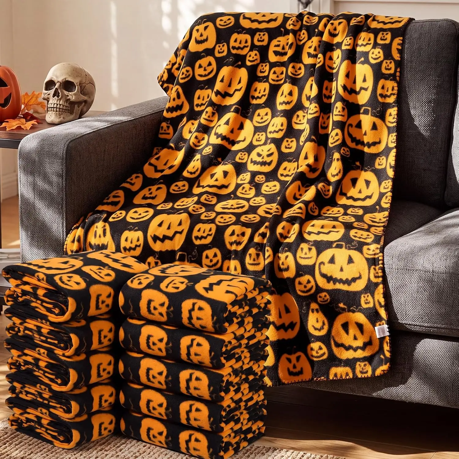 24 count 50 x 60 Inch Fleece Throw Blanket Bulk Printed Warm Throw Blanket for Couch Winter Travel Wedding Decorations Gifts (Pumpkin)