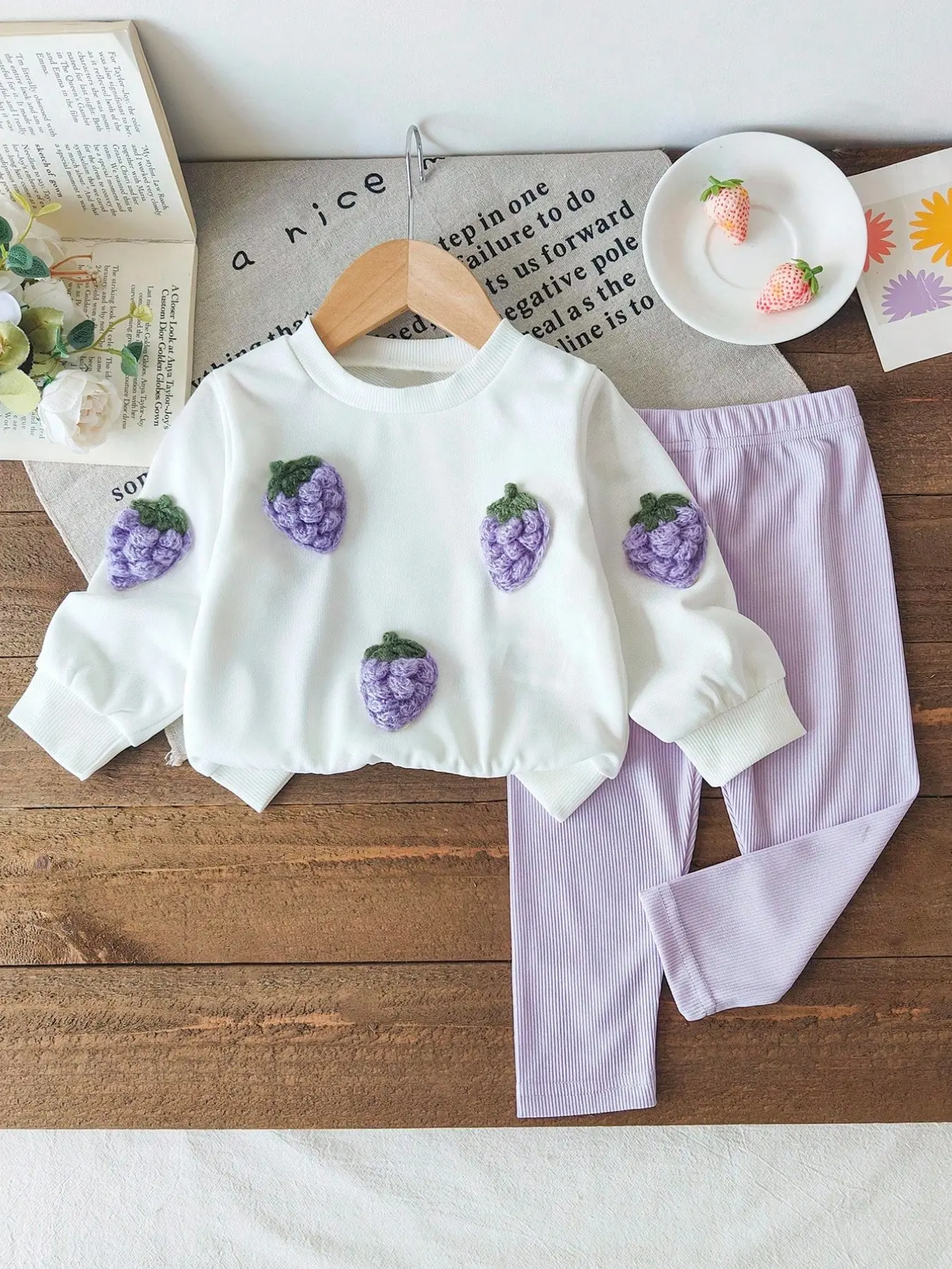 Girls' Two-Piece Set, Round Neck Long Sleeve Sweatshirt with 3D Grape Decoration, Elastic Waist Knit Pants, Soft Casual Spring Fall