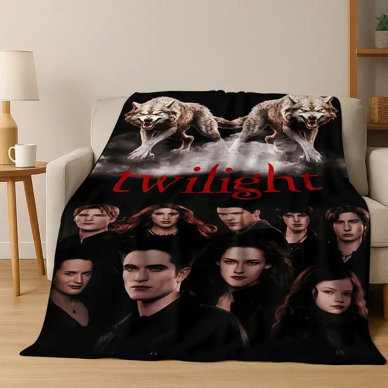 Twilight Cullen Family & Wolf Pack Flannel Throw Blanket Red Twilight Logo Two Giant Wolves Dark Background Movie Character Art Soft Fleece Blanket Twilight Saga Fan Sofa Decor Gift