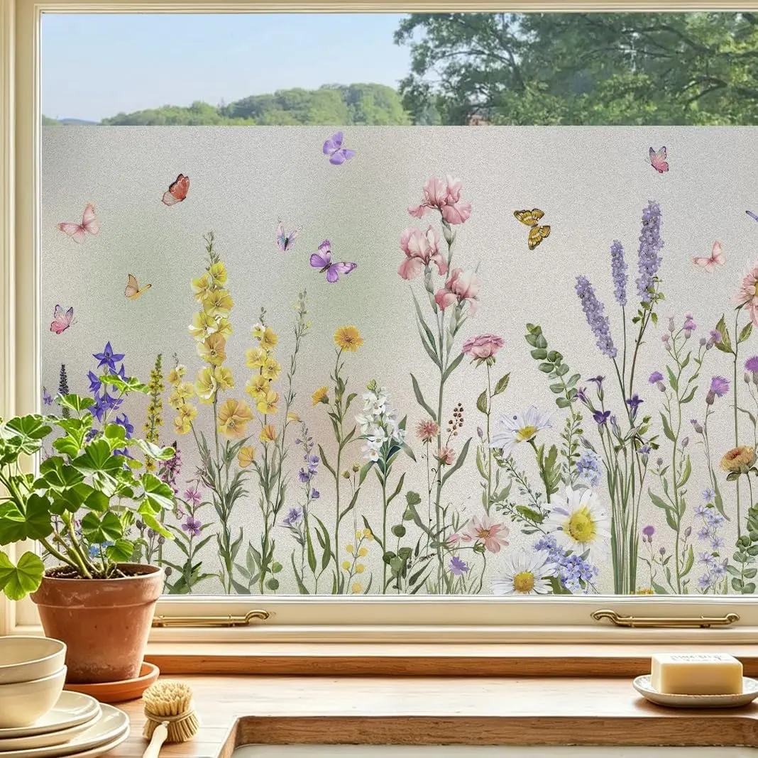Colorful Floral Window  Film, UV/Heat Blocking 17.5"x78.7" | Wildflower Static Cling Window Film, Removable DIY Frosted Glass Window Stickers  for  Office School, Storefront