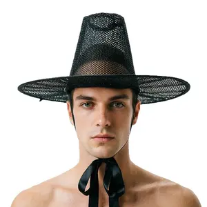 Mesh Wide Brim Hat for Men and Women, Adjustable Ribbon Tie, Breathable Design, Perfect for Parties, Halloween, Stage Performances, Photography