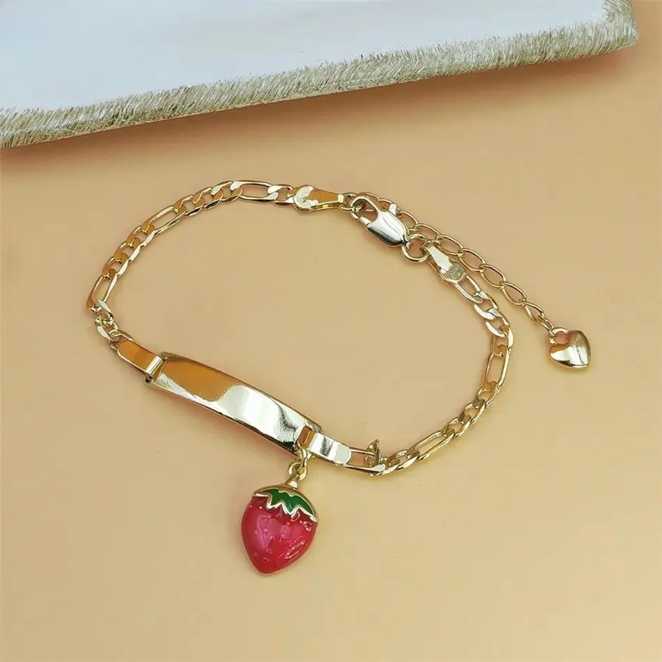 Girls Strawberry Charm Bracelet – 14K Gold Plated Cute Fruit Pendant Chain Bracelet, Dainty Lightweight Jewelry Gift for Kids, Daily Wear & Special Occasions