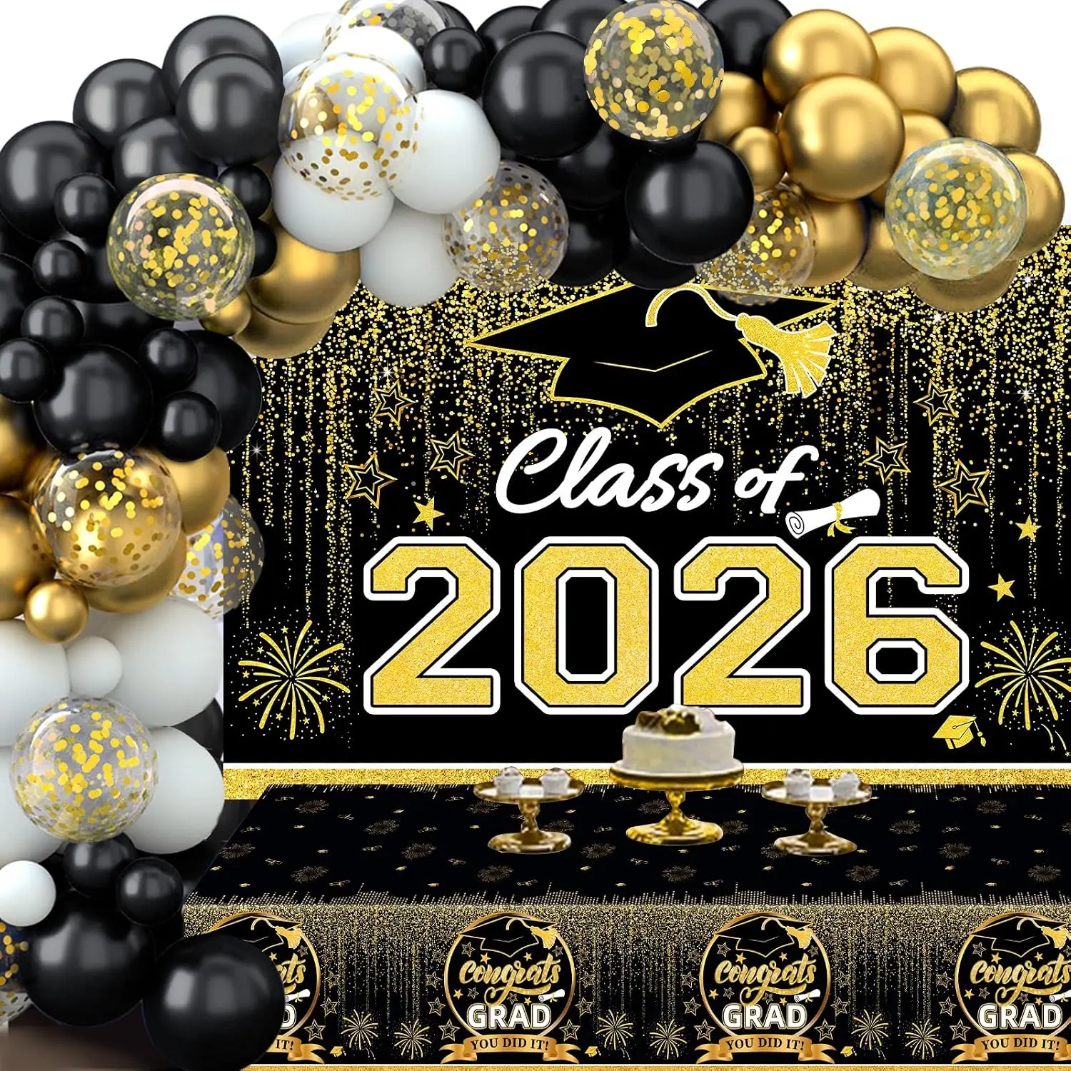 Graduation Decorations 2026, Black and  Balloon Garland Arch, Black and  Graduation Decorations with Congrats Grad Tablecloth and Class of 2026 Backdrop for High School College Grad Party