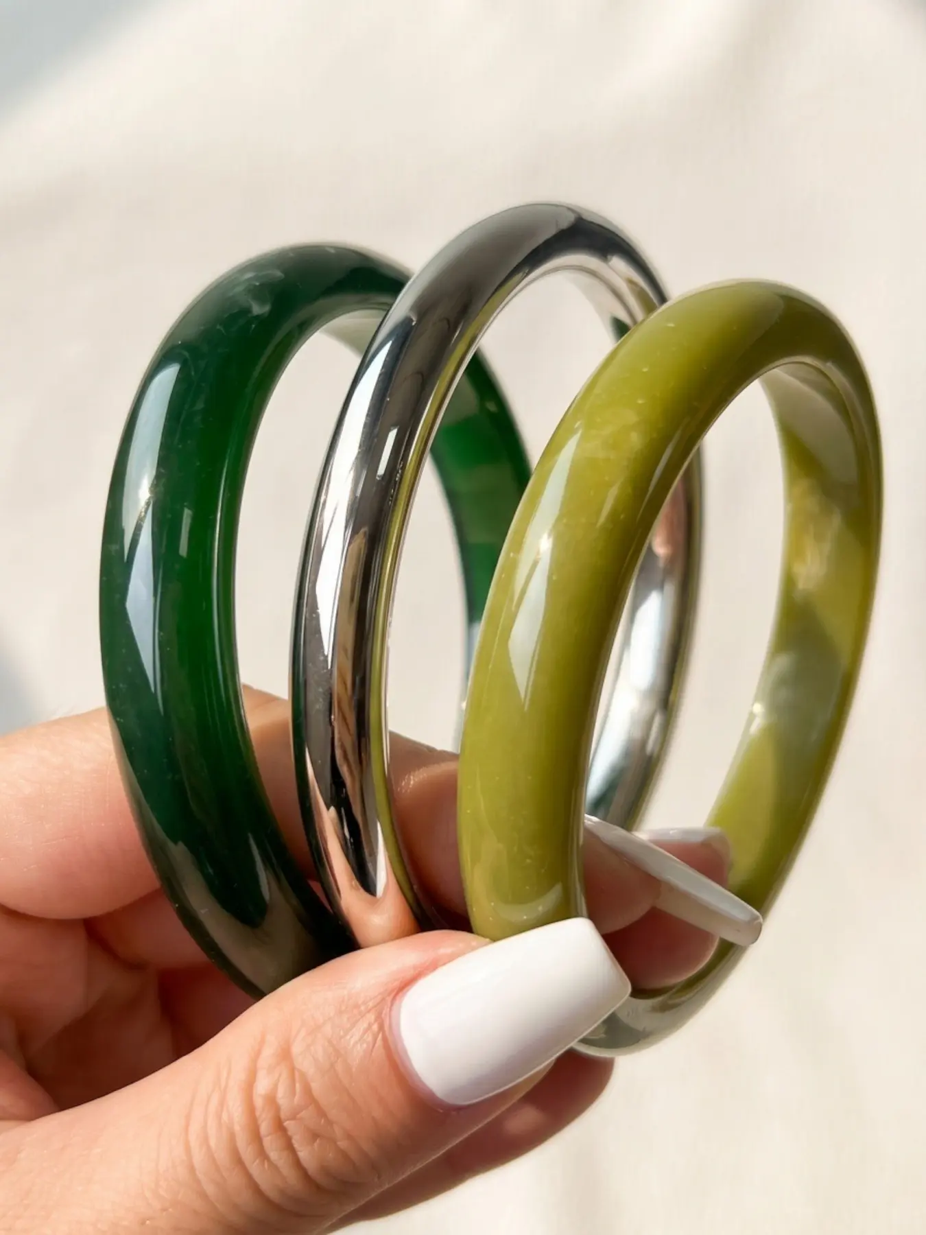 3pcs Bohemian-Style Retro Green Geometric Resin Stackable Layered Bracelet Set Statement Circular Bangle Jewelry For Women Fashionable Chunky Bangles