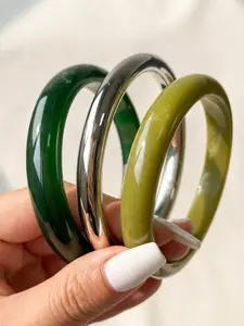 3pcs Bohemian-Style Retro Green Geometric Resin Stackable Bracelet Set Statement Circular Bangle Jewelry For Women