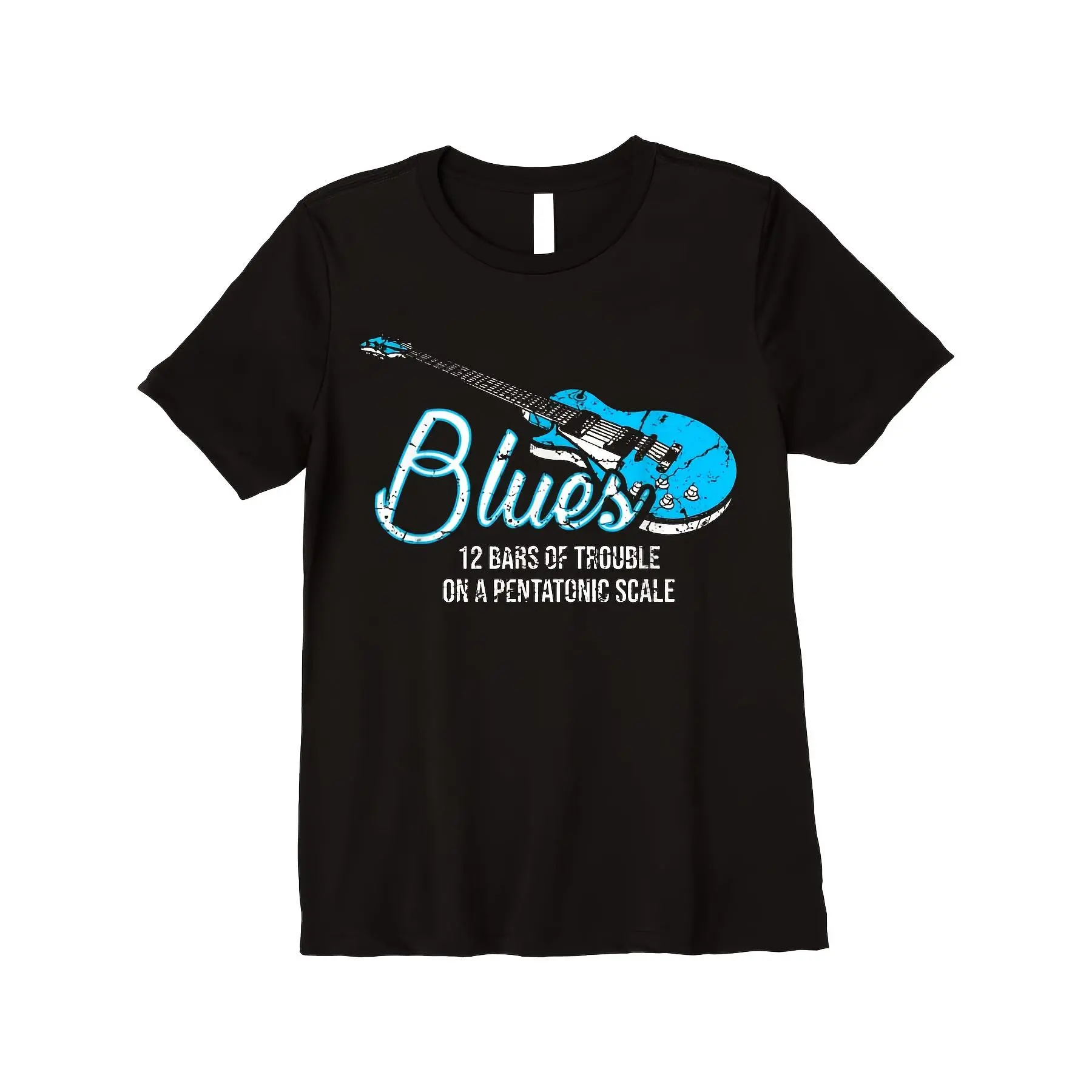 Unisex Short-Sleeve Blues Music Guitar 12 Bars Of Trouble Pentatonic Scale Sporty Chic T-Shirt, Round Neck, Slight Stretch Fabric, Regular Fit, Menswear Casual Top, Machine Washable, High-Quality Comfortable Printed Sport & Outdoor Top