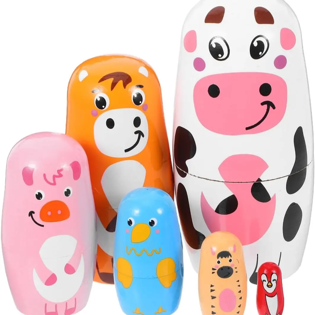 6 Layer Russian Nesting Dolls, Cow Wooden Animal Statue, Winter Party Gift, Ornamental Decoration, Birthday Present