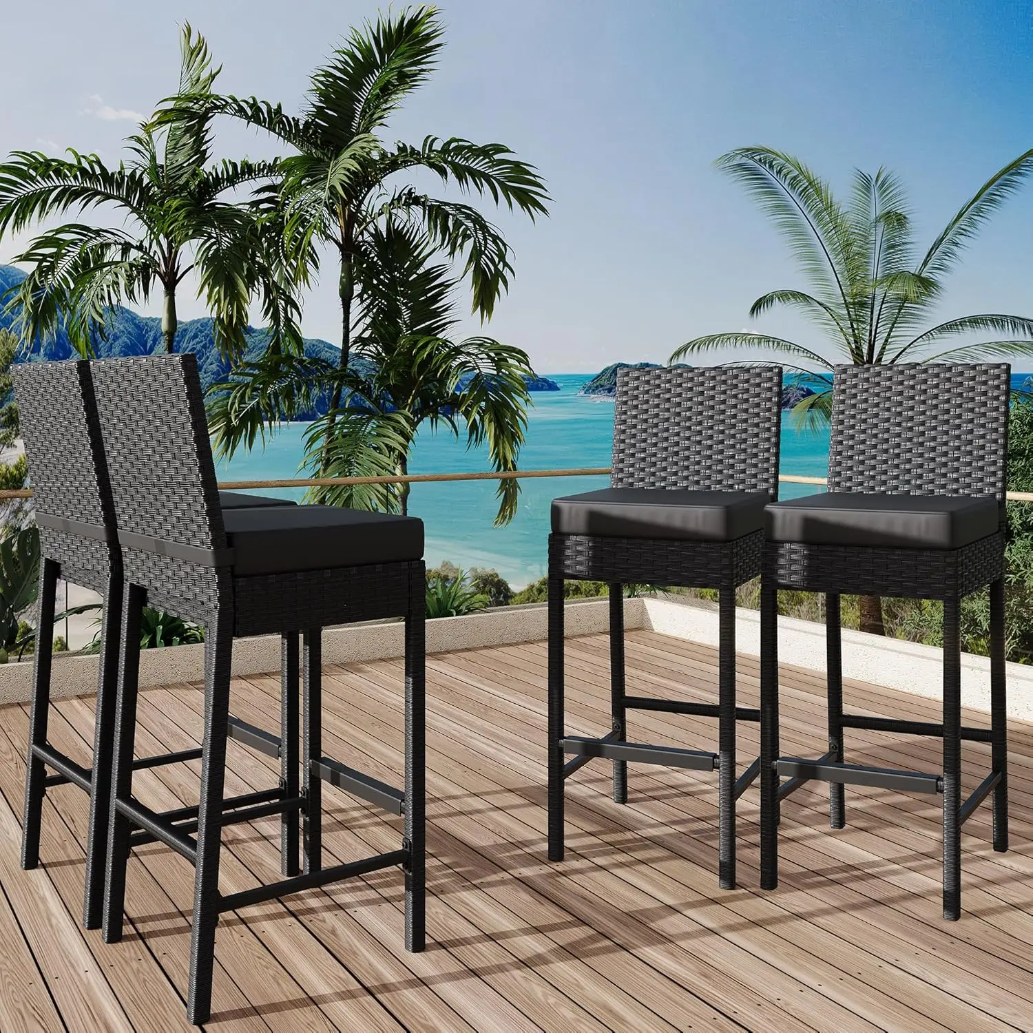 Outdoor Wicker Barstools with Cushions (Set of 2) - Patio Rattan Bar Stools