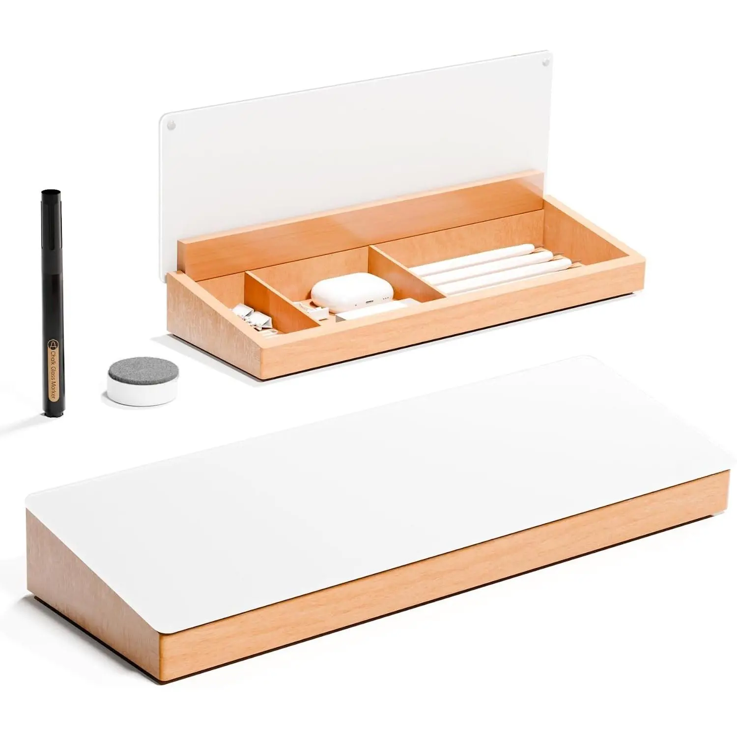 Glass Desktop Whiteboard with  Organizer for Small Office Accessories, Aesthetic Desk Dry Erase White Board with Drawer for  Office Cubicle, Marker & Eraser Included,