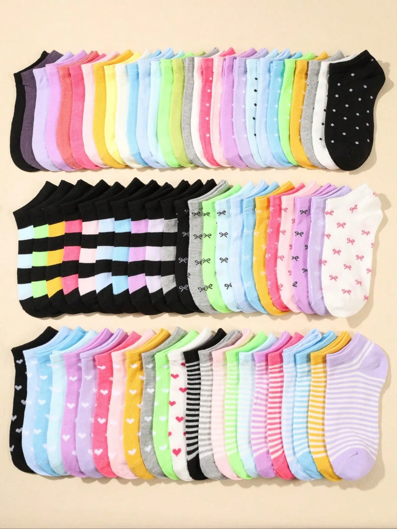 20 Pairs Men's Crew Socks, Casual Comfy Socks, Candy Color, Lace Bow, Heart Pattern, Striped, Soft, Comfortable, Casual, All Seasons, Random Colors Mixed Pack