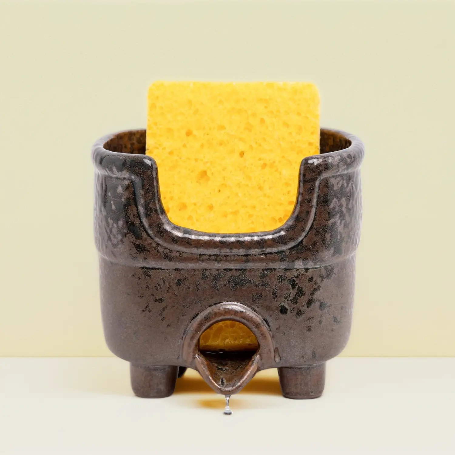 Ceramic Sponge Holder with Drainage, Vintage Sink Caddy |   Self-Draining Organizer for Sponge, Soap & Brush, Handmade Kitchen Countertop Decor (Rust Reactive Glaze)