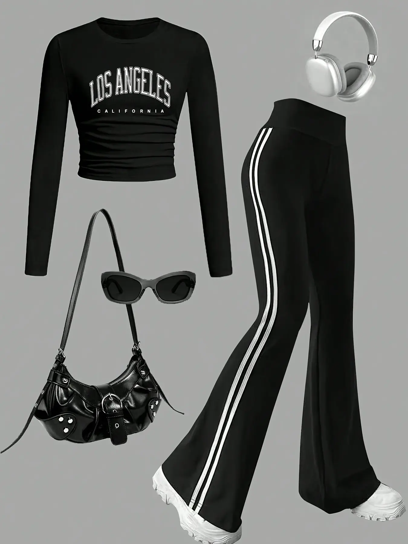 Girls' Vintage Short Sleeve Set, Los Angeles Letter Print, Fitted Round Neck Top, High Waist Joggers, Y2K Street Style, Casual, Fashion