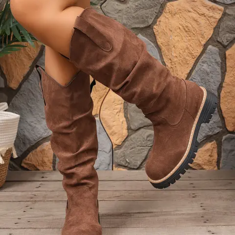 New Melanin Slimming High Ankle Boots, Round Toe Thick Zigzag Sole, Turned-Up Loose Wrinkle Western Calf Boots, Fashion Formal Shoes