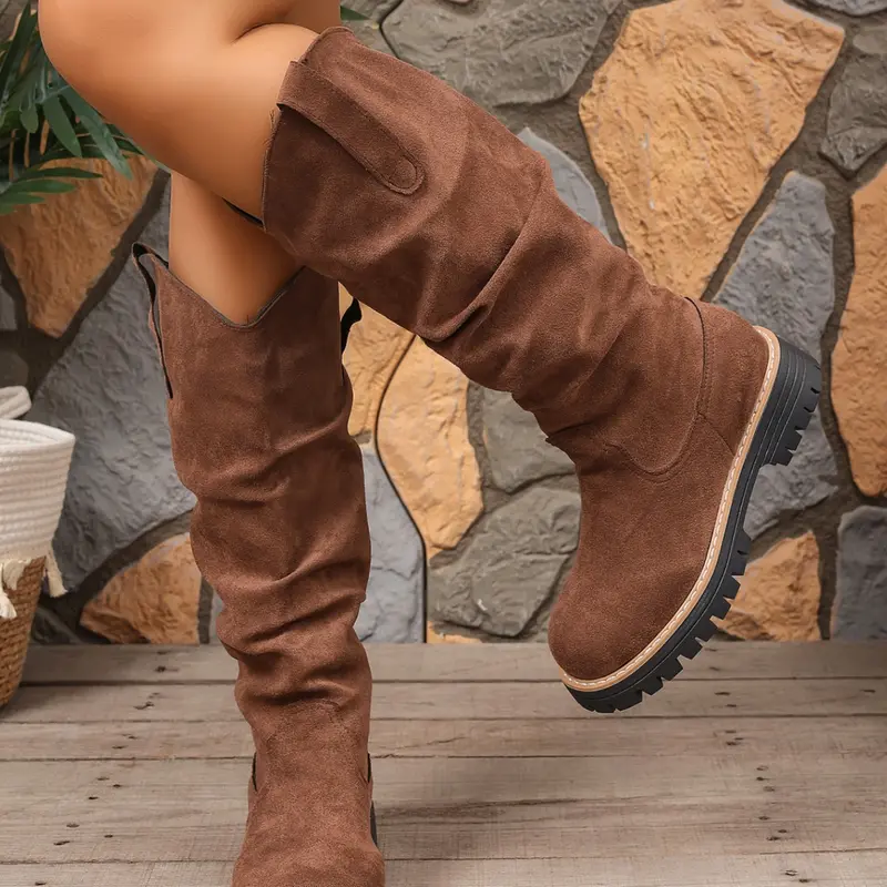 New Melanin Slimming High Ankle Boots, Round Toe Thick Zigzag Sole, Turned-Up Loose Wrinkle Western Calf Boots, Fashion Formal Shoes