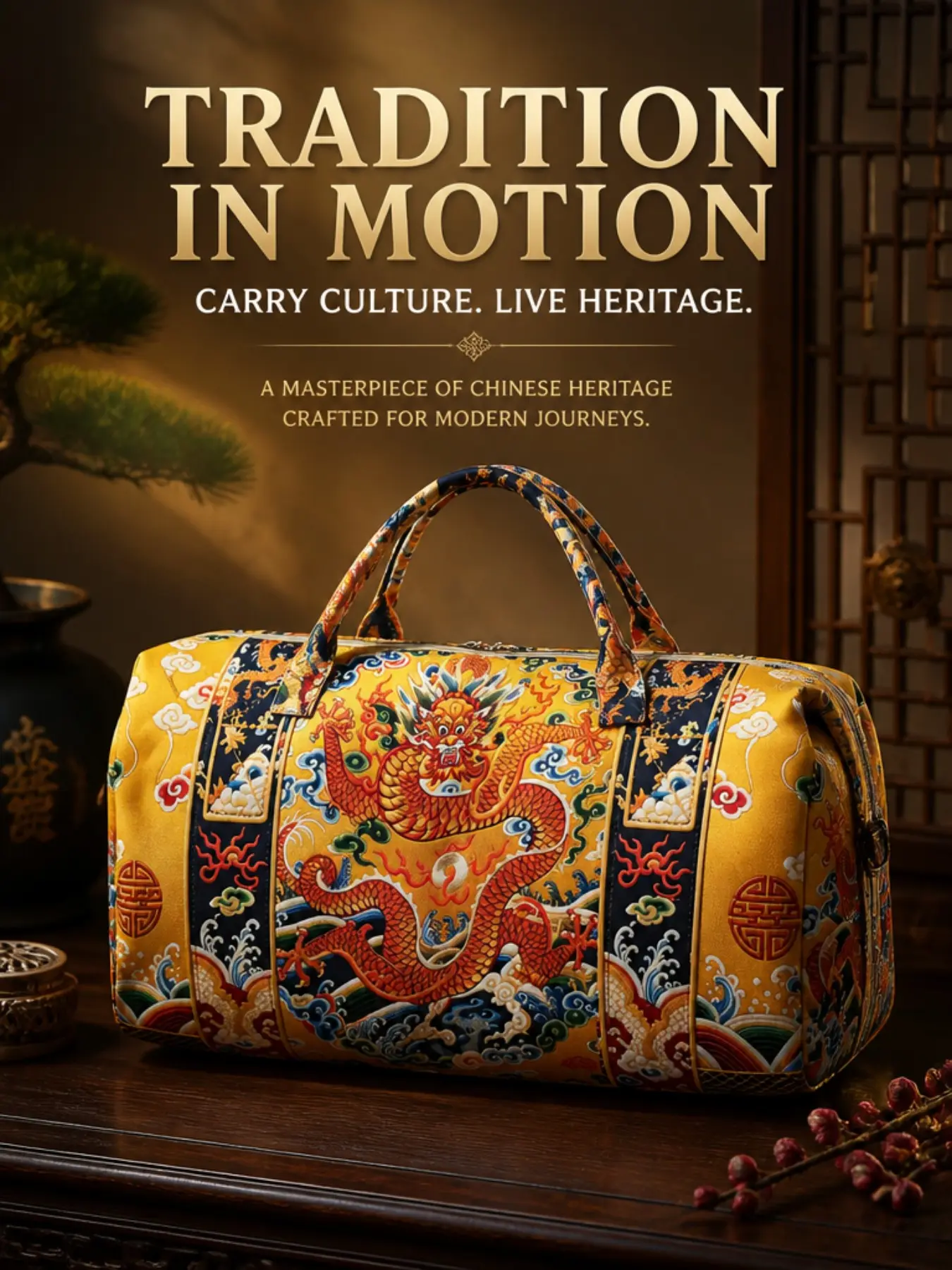 Emperor Dragon Pattern Printed fabric Travel Handbag, Traditional Royal Yellow Dragon Pattern Handbag, Retro Eastern-Inspired Weekend Casual Bag, Suitable for Travel, Fitness, Business Gifts