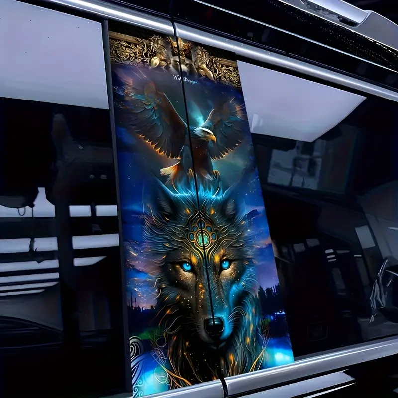 2pcs Wolf Legend Vinyl Stickers, Stickers For Cars - Mysterious Wolf and Eagle Fantasy Design, Glossy Finish Car B-Pillar Protective Film, Easy-to-Apply Single-Use Rear Window Decals, Wolf Car Accessories, Eagle Art Pattern, Vibrant Color Quality