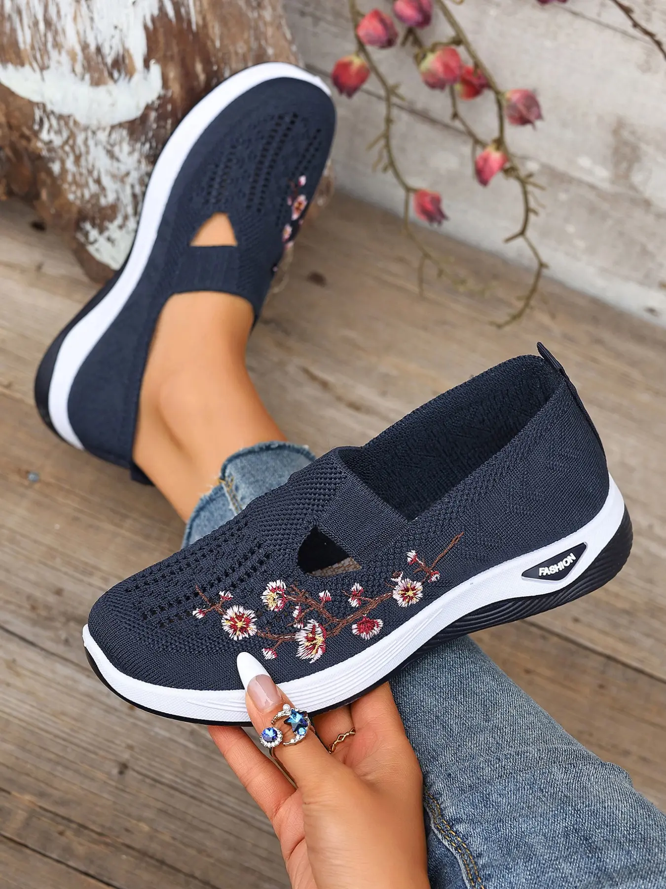 New Women's Floral Embroidery Mesh Slip-On Sneakers, Breathable Round Toe Low Top, Casual All-Season Comfort Shoes