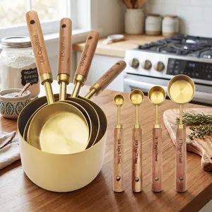 8Pcs Gold Stainless Steel Measuring Cups and Spoons Set with Natural Wood Handle, Engraved Measurement Mark Nestable Measuring Tools for Baking Coffee Flour Spices