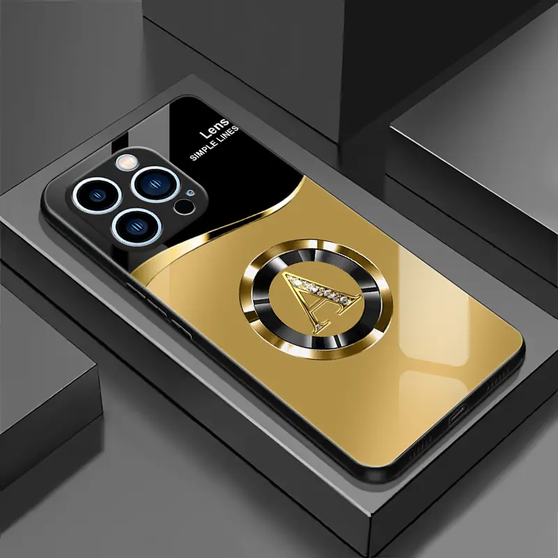 Sleek Black Gold Split Design Custom Gold Rhinestone Initial MagSafe Magnetic Glass iPhone Case Anti-Fingerprint Full Camera Protective Old Money Aesthetic Cover Fits iPhone 15 Pro---9435