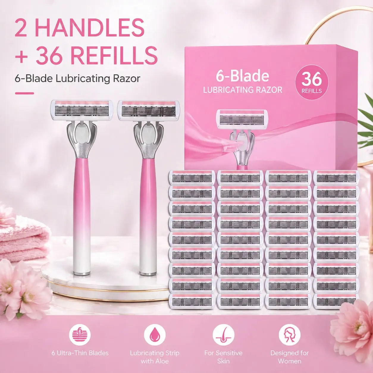 Male and female universal shaving set with 6 layers of blades (2 handles+36 blades), fast shaving, long-lasting sharpness and durability, protecting the stratum corneum of the skin, easy to use for a whole year, can be directly rinsed and cleaned