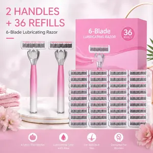 Male and female universal shaving set with 6 layers of blades (2 handles+36 blades), fast shaving, long-lasting sharpness and durability, protecting the stratum corneum of the skin, easy to use for a whole year, can be directly rinsed and cleaned