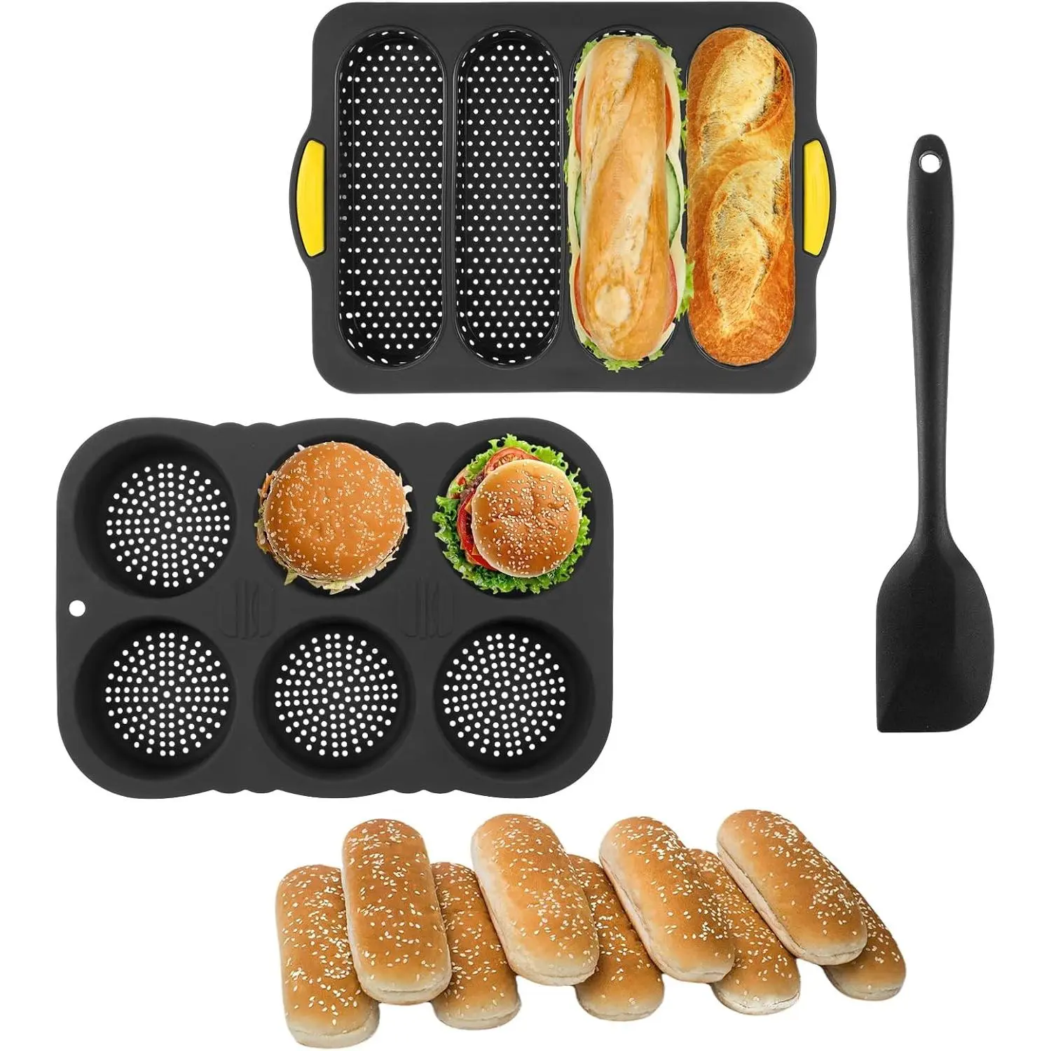 3 Pcs Silicone Baking Pan Set - 4 Cavity Non-Stick Baguette Pan, 6 Cavity Hamburger Bun Mold with Scraper, Ideal for French Bread, Sandwich Rolls and Homemade Loaves
