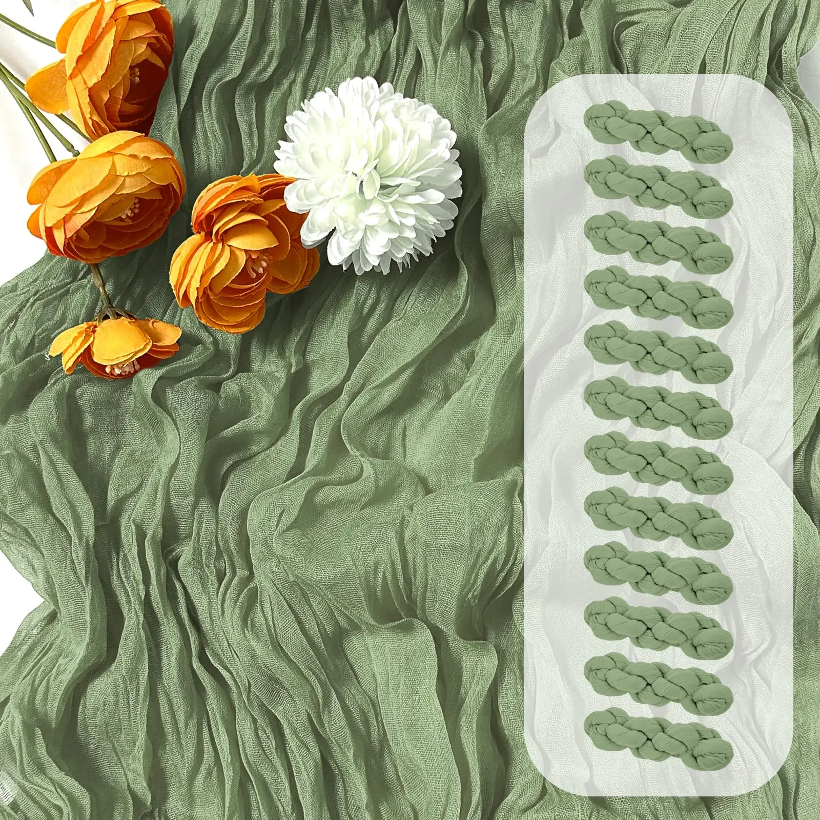 Sage Green Polyester Cheesecloth Table Runner (6/12 Pack, 17x108 in) - Semi Sheer Gauze Fabric, Pleated Look, Durable, Exquisite Edges, Machine Washable for Wedding Party, Home Decor