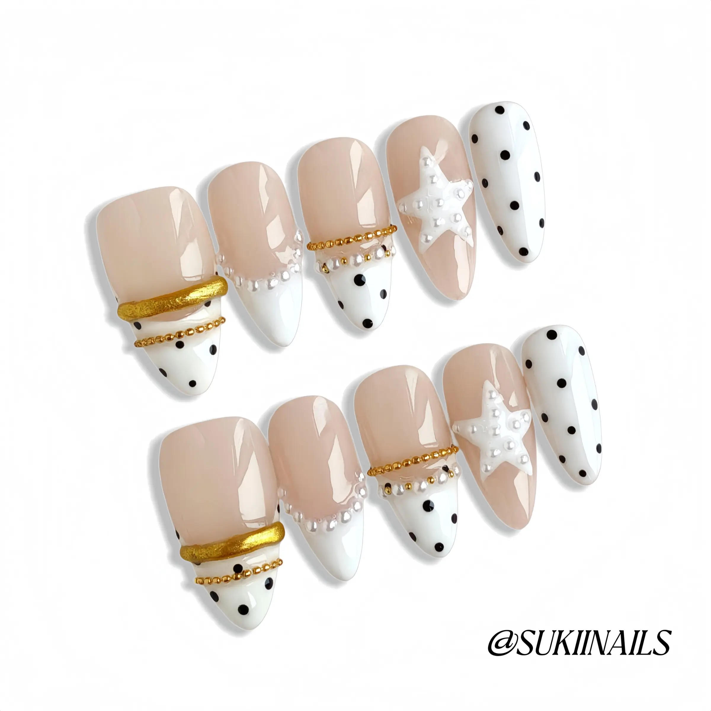 Minimal Polka Dot Star French, Summer Press On Nails | Medium Almond/Short Almond, 10pcs Handmade nude nails with white French tips, black dots, pearl gold chains & 3D pearl stars, reusable fake nails for office work, tea dates & picnics